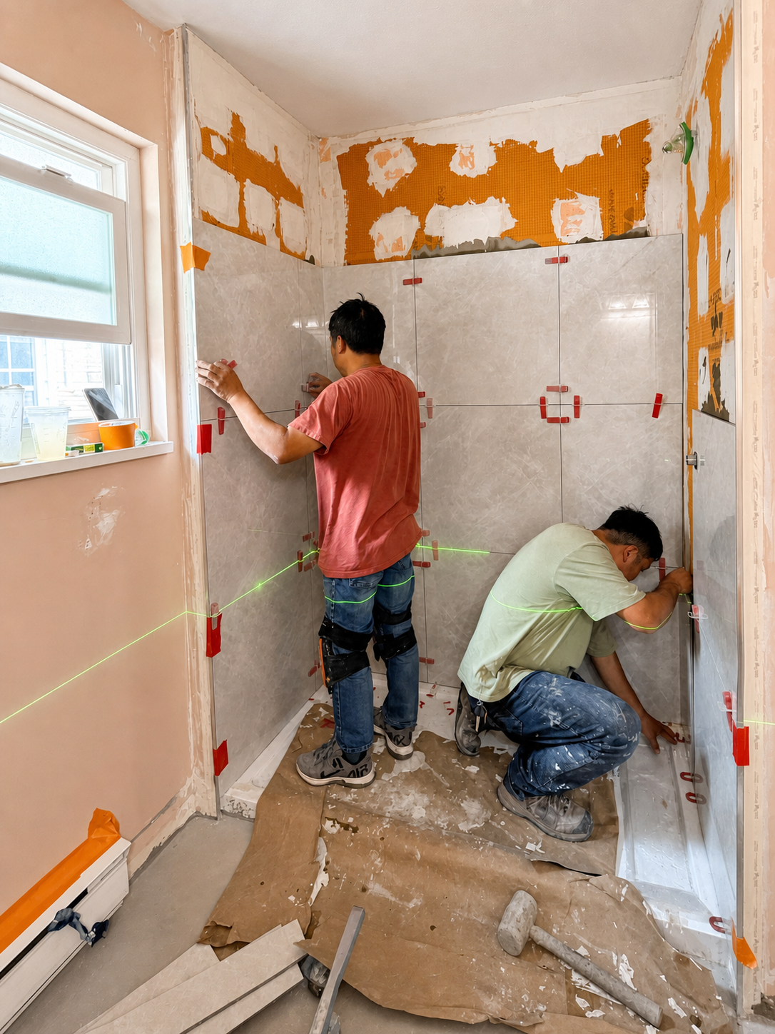 Two installers setting large-format wall tile in a Langley bathroom with a laser level visible.
