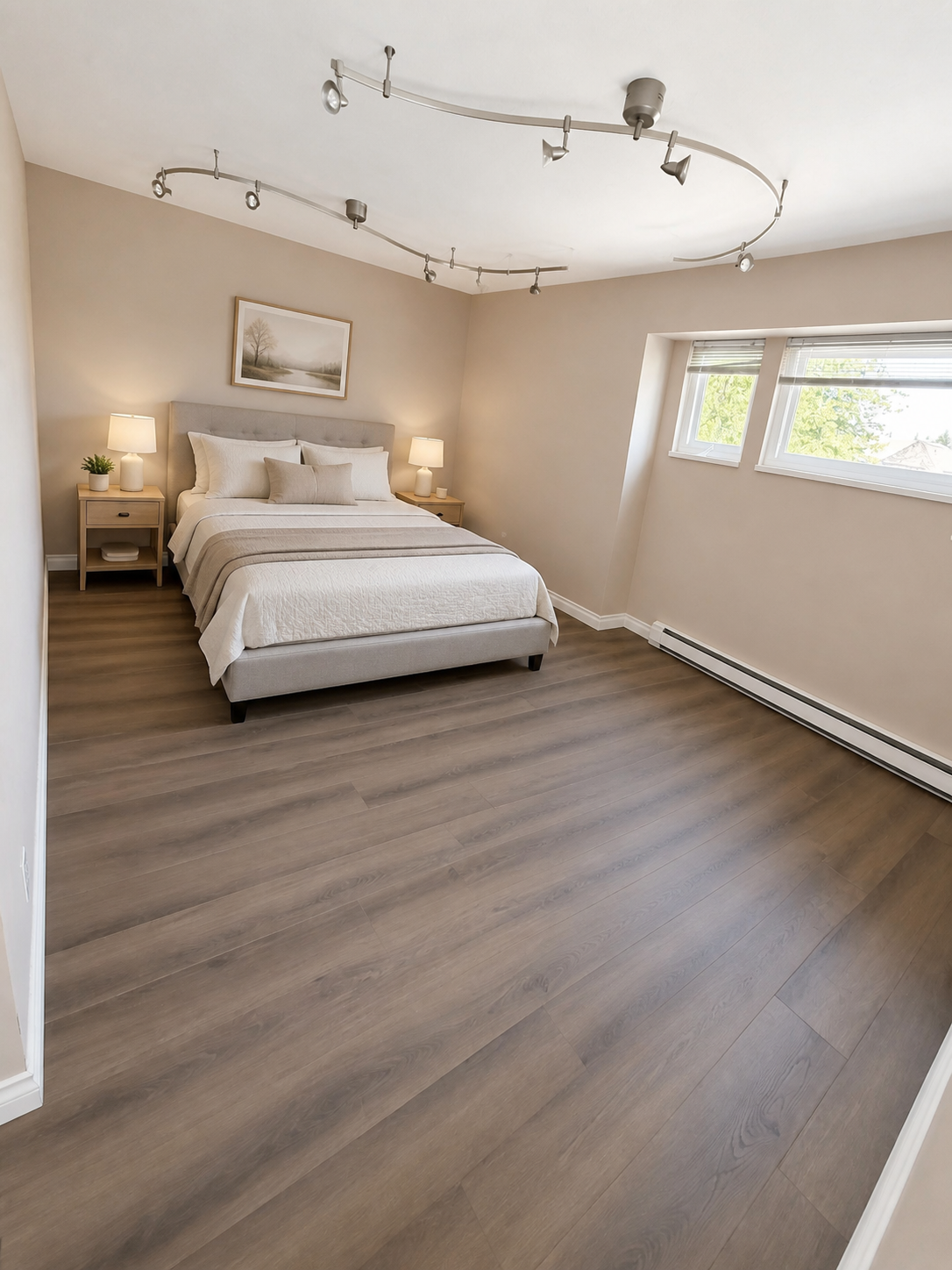 Digitally staged large Langley bedroom with neutral furnishings, curved track lighting, and light wood-look flooring.