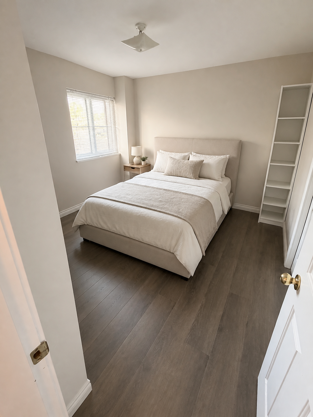 Digitally staged small Langley bedroom with a bed, one window, open closet shelving, and light wood-look flooring.